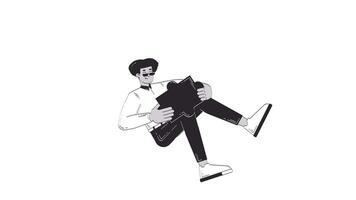 Hispanic business man holding large puzzle piece outline hand drawn 2D character animation. Solution doodle drawing 4K . Problem solving. Latino guy reclining animated person handdrawn isolated video