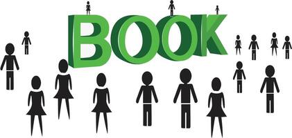 People gathering around a giant green book word, education and reading concept vector