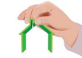Hand holding green house symbol representing eco friendly housing and sustainability vector
