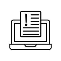 laptop computer with document and exclamation mark over white background, line style, illustration vector