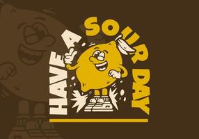 Smiling and happy lemon mascot with peace hand symbol. Have a sour day. Retro illustration vector