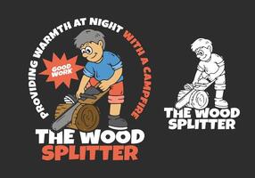 Wood splitter character is splitting wood using a chainsaw. Flat art illustration in 2 color type vector