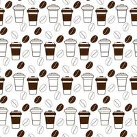 Disposable cups with lid and coffee beans Seamless pattern in trendy monochrome brown Coffee Day Abstract background Texture Isolate EPS concept for cards or web, wrapping, wallpaper or posters vector