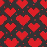 Pixels red hearts on dark background Seamless pattern. Pixel Art Abstract Background Texture concept. Isolated illustration Wallpaper, wrapping or web promo banner Thematic card, leaflet, price vector