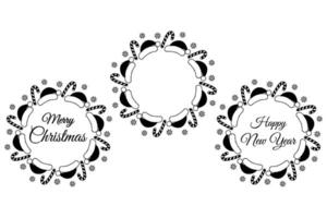 Merry Christmas and Happy New Year lettering with Santa caps, Candy Cane and snowflakes Circle Frame. Set 3 Isolated illustration Greetings or invitation cards, leaflet or web promo banner, tag vector