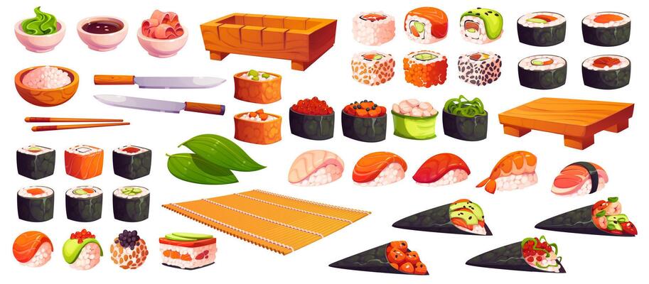 Cartoon Japanese sushi, utensils and rolls icons