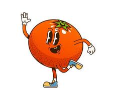 Groovy orange fruit, funny retro cartoon character vector
