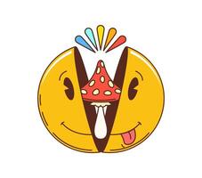 Retro hippie groovy cartoon smile with mushroom vector