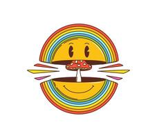 Groovy smile in retro hippie cartoon with mushroom vector