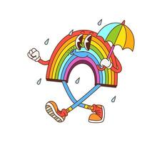 Retro hippie groovy rainbow and umbrella character vector
