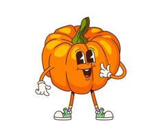 Funny groovy pumpkin vegetable retro character vector