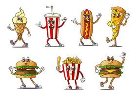 Groovy fast food burgers and soda characters vector