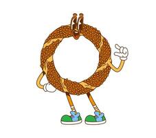 Groovy simit bagel, retro cartoon hippie fast food vector