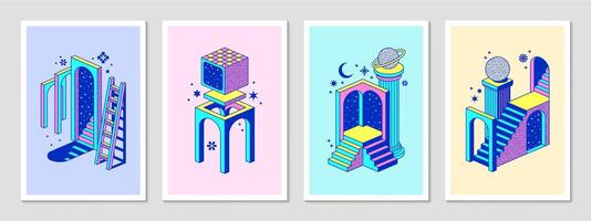 Psychedelic surreal y2k posters with portals vector