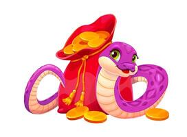 Funny Asian snake character with red money bag vector