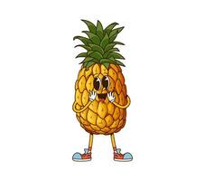 Groovy pineapple, retro cartoon fruit character vector