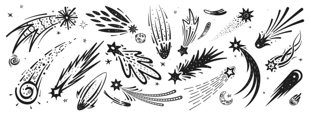 Doodle space shooting stars with trail silhouettes