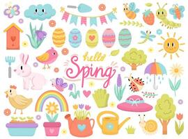 Hello spring, lettering and cartoon set of spring and holiday easter, cute butterflies, flowers, bunny, bird, easter eggs and plants. Hand drawn cartoon collection of different elements.Illustration vector
