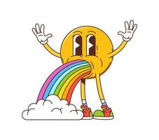 Groovy yellow smile face emoji with rainbow barf vector