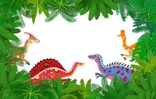 Prehistoric dinosaur characters in jungle frame vector