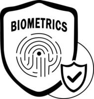 A glyph sticker of a shield with a fingerprint and a checkmark, symbolizing biometrics vector