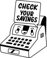 Cute till machine with text check your savings, glyph sticker vector