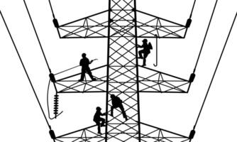 Electrician workers on high voltage transmission systems, repairing power lines, Technicians working on power lines, Highly skilled workmen servicing the electricity grid Modern power station tower vector