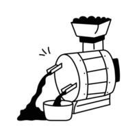 A coffee processing machine, showcasing the pouring of liquid from a barrel like container into a bowl vector