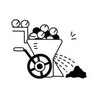 A black and white, line art illustration depicts a small cart like machine collecting beans vector