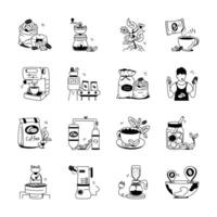 This set of hand drawn illustrations depicts various stages of the coffee process, from bean to cup vector