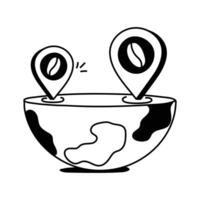 Coffee bean inside map pointer denoting icon of coffee shop location. vector