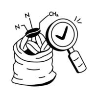 Illustration of a sack of coffee beans with a magnifying glass positioned over one bean vector