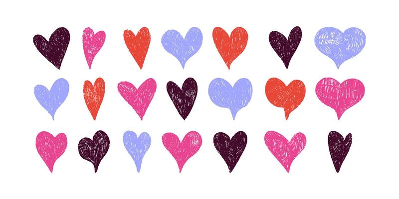 Set of colorful Grunge Heart Icons. Cute doodle love sign isolated on white background. Scribble heart shapes drawn with pencil