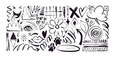 Set of Grunge Charcoal and Pencil Girly Sketches. Hand drawn design doodle shapes. Creative playful banner with graffiti abstract elements vector
