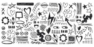 Grunge Charcoal and Pencil Girly Sketches. Hand drawn design doodle shapes. Creative playful banner with graffiti abstract elements vector