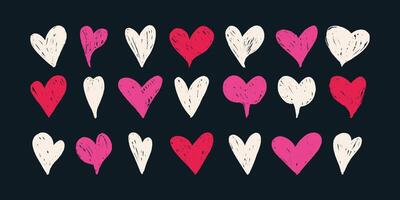 Collection of Hand Drawn Grunge Heart Icons. Cute doodle love sign isolated on dark background. Scribble heart shapes drawn with pencil vector