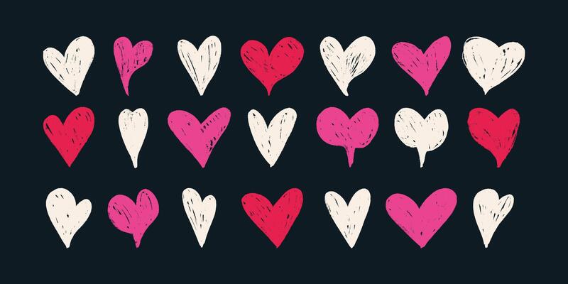Collection of Hand Drawn Grunge Heart Icons. Cute doodle love sign isolated on dark background. Scribble heart shapes drawn with pencil