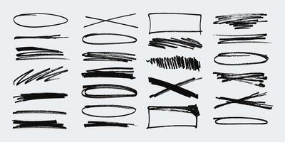 Collection of Hand Drawn Grunge Brush Strokes and Pencil Lines. Sketchy design elements with rough edges. Abstract freehand doodle line borders. Highlight splashes vector