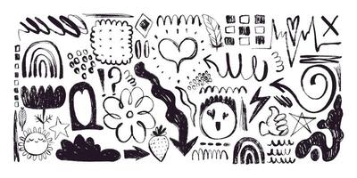 Grunge Charcoal and Pencil Girly Scribbles. Hand drawn design doodle shapes. Creative playful banner with graffiti abstract elements vector