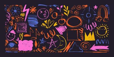 Colorful Grunge Charcoal and Pencil Girly Sketches. Hand drawn design doodle shapes. Creative playful banner with graffiti abstract elements vector