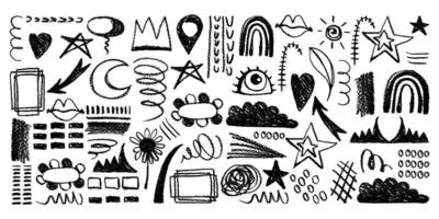 Collection of Grunge Charcoal and Pencil Girly Sketches. Hand drawn design doodle shapes. Creative playful banner with graffiti abstract elements vector