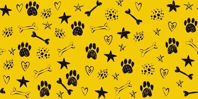 Grunge Paws with Texture in Seamless Pattern. Hand drawn pencil animal paws with bones and hearts. Love symbols in black color. vector