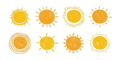 Sun Collection Hand Drawn with Pencil, Isolated on White Background. Cute nature summer elements. Sun, heat icons with rays vector