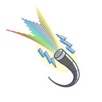 fiber optic cable that emits light rays for data transmission through light. a blue lightning flash indicates high-speed data transfer. relevant to the topic of internet technology. vector