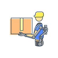 Worker holds a large box, demonstrating the use of an exoskeleton to lift heavy objects. Exoskeleton with mechanical arms and joints, increasing worker strength and capabilities. vector