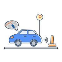 Blue car using parking assistance system, showing the use of parking sensors or guidance system, relevant for content related to smart vehicles, automotive innovation and IoT in transportation vector