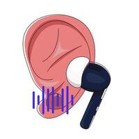 close-up illustration of an ear with earbuds inserted, relevant for topics related to audio devices, hearing, music, and technology. vector