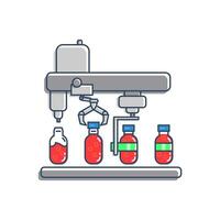 Industrial robots are shown filling, capping and labeling beverage bottles. showcasing the automation and efficiency of industrial robots in manufacturing. vector