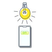 Controlling or turning on a light bulb using a smartphone, is relevant for themes related to smart home technology, IoT, Internet of Things, and modern conveniences. vector