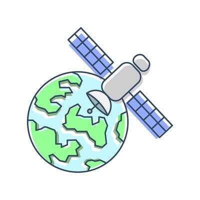 Satellite orbiting the earth with solar panels and dish antenna, symbolizing communication and space technology. Earth is shown with green land and blue oceans